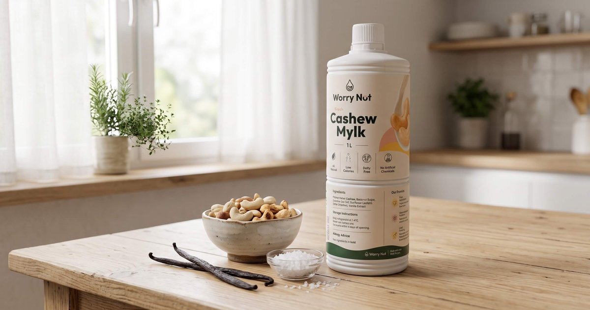 Worry Nut fresh cashew mylk bottle with its ingredients: cashews, coconut sugar, Kusamba sea salt, and vanilla