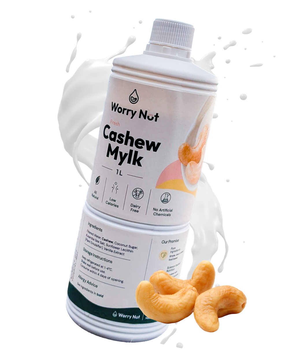 Worry Nut fresh cashew mylk bottle with milk splash